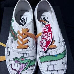Vans White Sneakers Green Snake and Orange Laces. Custom painted “I’m thanke “.